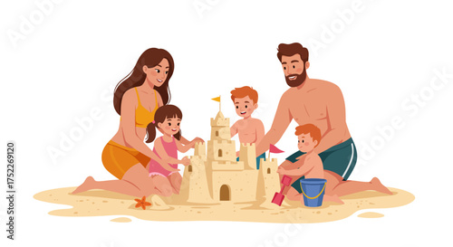 Family building a sandcastle together on a sandy beach, enjoying a sunny day.