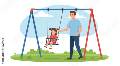 Father Pushing Daughter on a Swing A Heartwarming Moment in a Sunny Playground Scene