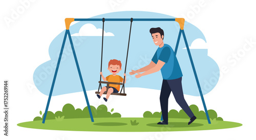 Father and son enjoying the swing set on a sunny day at the playground - Vector Illustration
