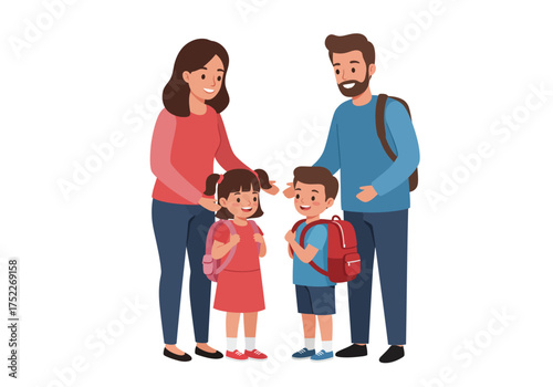 Family With Two Kids Getting Ready for School, Backpacks, Happy and Supportive