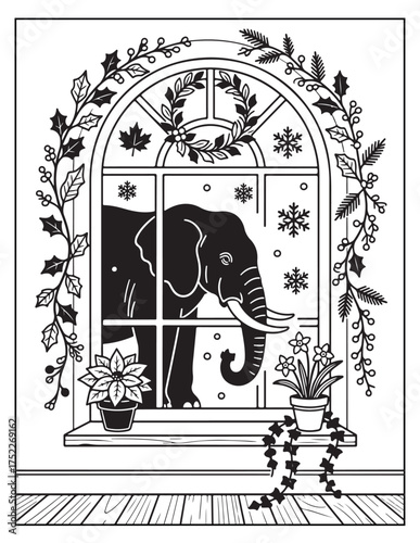 Majestic elephant peeking through a winter window decorated with snowflakes and garland