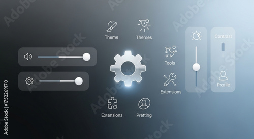 Settings panel interface with icons for theme, tools, extensions, profile, and volume control