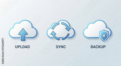 Cloud computing icons for upload, sync, and backup data