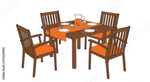 Outdoor Dining Set Illustration Wooden Table and Chairs with Orange Cushions and Tablecloth