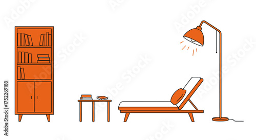 Psychotherapy Office Interior Illustration Bookcase, Couch, and Lamp in Orange Tones