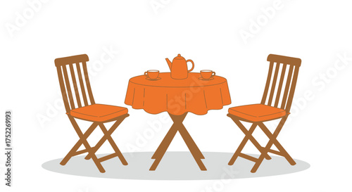 Outdoor Cafe Setup with Table, Chairs, and Teapot, Ideal for Leisure Moments in a Garden