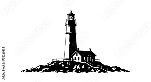 A black and white illustration of a lighthouse situated on rocky terrain.