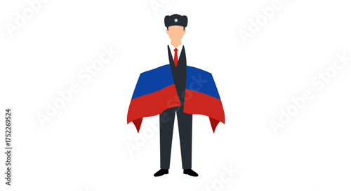 A stylized illustration of a person wearing a hat and draped with a flag.