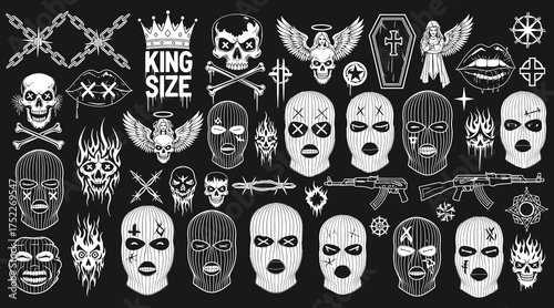 Vector art of collection of edgy black and white graphics featuring skulls, masks, and urban motifs, creating a bold and rebellious aesthetic for various design applications