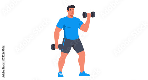 A cartoon illustration of a man exercising with dumbbells, lifting weights.