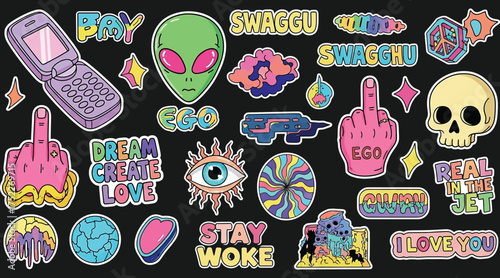 Vector art of a vibrant collection of retroinspired stickers featuring aliens, flip phones, and bold text, creating a nostalgic and edgy aesthetic with a dark background
