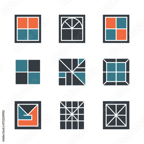 Nine abstract geometric window pane designs in dark gray teal and orange vector