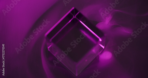 Ink cube. Neon geometric steam. Blur purple color vapor acrylic splash smoke texture spreading on abstract creative art background.
