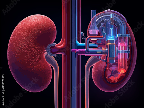 Human kidneys as a concept of the mechanism of the purification filtration system. Human genitourinary system in neon style. EPS10.