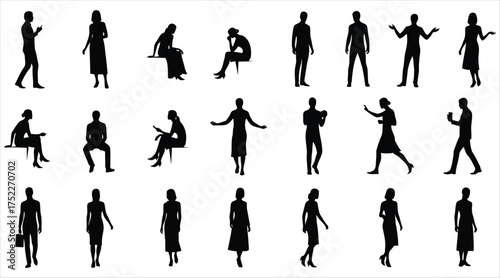 Vector art of diverse group of people in silhouette, each figure telling a silent story through their posture and stance