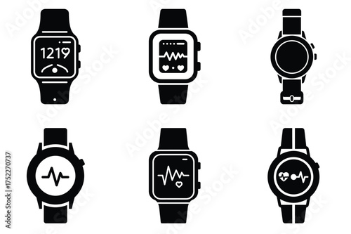 Health monitoring watch silhouette vector icon set