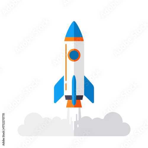 Dynamic rocket launching into space with smoke clouds abstract concept isolated on white background