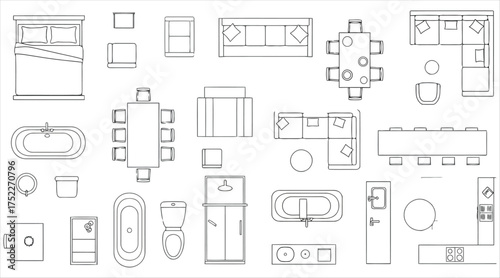 Vector art of top view of a house plan with furniture arrangement architectural plan with sofa, bed, table, chair, bathroom, and kitchen layout
