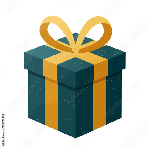 Festive teal and gold gift box tied with a bright yellow ribbon and bow for any celebration isolated on white background