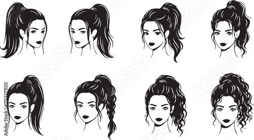 Stylish women's hairstyle collection for beauty salon branding and fashion design projects featuring diverse ponytail styles and elegant looks