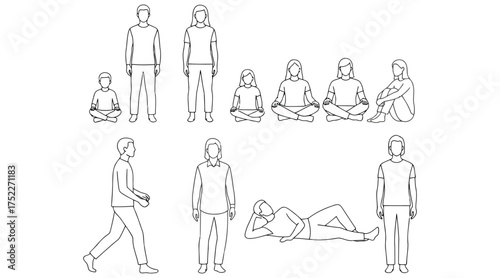 Vector art of collection of line drawings depicting people in diverse poses, including standing, sitting, walking, and lying down, showcasing various activities on