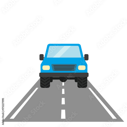 Front view of a blue suv driving on a road with lane markings isolated on white background
