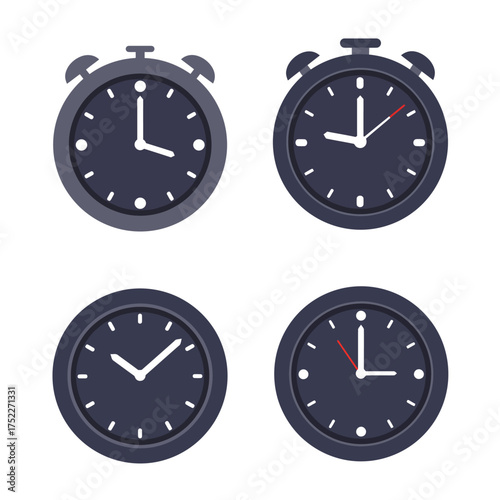 Four dark clocks displaying different times isolated on a white surface timekeeping concept isolated on white background