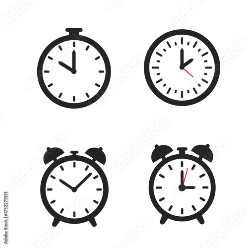 Collection of four clock icons representing time and scheduling concepts isolated on white background