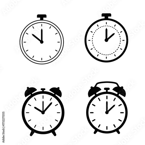 Four different clock icons showing time icons minimalist stopwatch alarm clock digital analog style isolated on white background