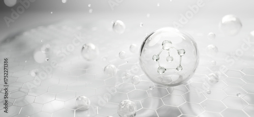 Transparent molecule structure inside floating bubble above hexagon skin cell grid. Skincare science concept representing dermatology technology, hydration and cosmetic ingredient innovation.