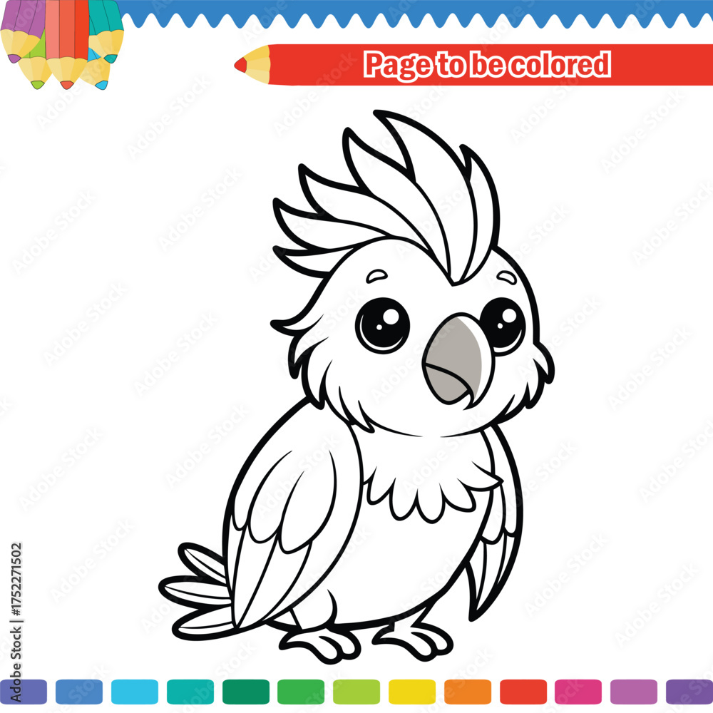 Fototapeta premium Cartoon Parrot Coloring Page – Smiling Tropical Bird with Big Eyes and Feathers in Black and White for Kids’ Creative Learning Fun