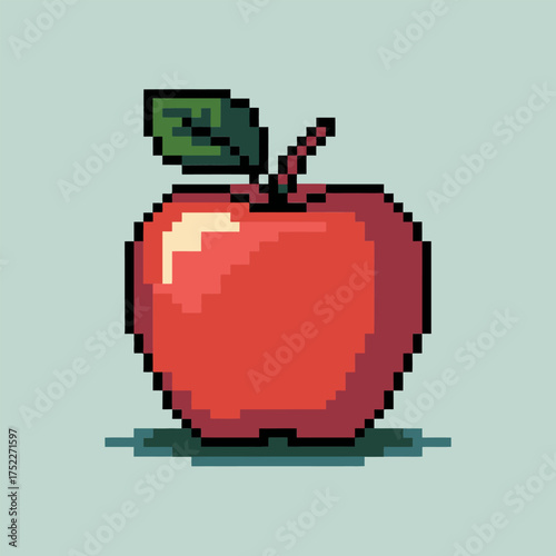 pixel apple illustration, green background scene, fresh produce emblem, charming retro look, organic fruit concept, vector design
