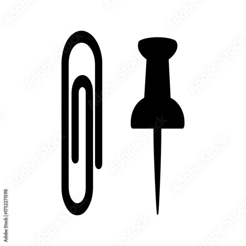 Simple black silhouette icons of a classic metal paperclip and a sharp thumbtack or pushpin isolated on a white background for office supplies or stationery concepts