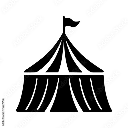 A simple black and white silhouette icon of a classic circus tent with a flag on top representing entertainment and events
