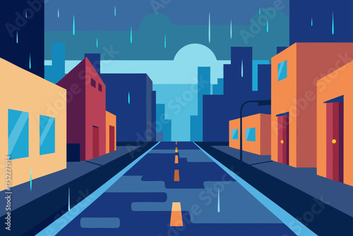 City street scene with rain and buildings cartoonish