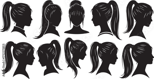 Elegant silhouettes of women with various hairstyles, perfect for beauty salon marketing and stylish design projects, add a touch of sophistication