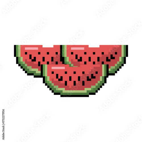 pixel watermelon trio, stacked juicy wedges, minimal pastel background, refreshing summer treat, nostalgic arcade style, vector illustration