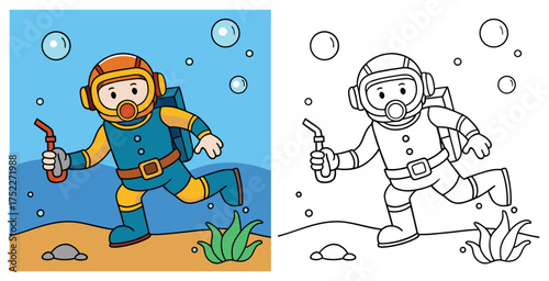 Cartoon Scuba Diver Coloring Page – Underwater Adventure with Ocean Plants, Rocks, and Bubbles in Black and White for Kids’ Creative Fun