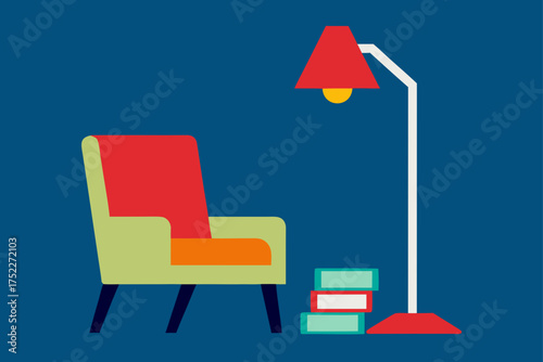 Armchair lamp and books in a simple illustration