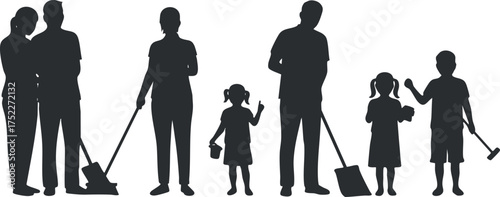 A family silhouette engaging in cleaning activities together, promoting teamwork and shared responsibilities.