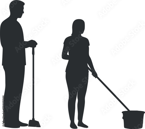 Silhouette of a man and woman engaged in cleaning activities with a broom and mop.