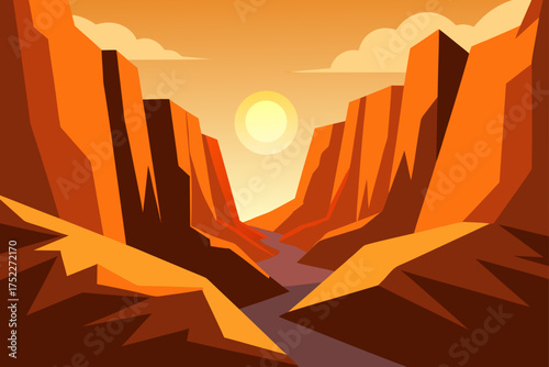 Illustration of canyon landscape with river and sun