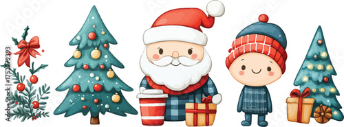 Santa Claus placing a gift under a festive Christmas tree on a snowy winter night