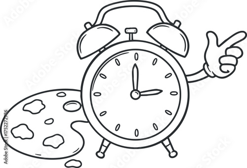 A cartoon alarm clock with a hand pointing, symbolizing time management and reminders.