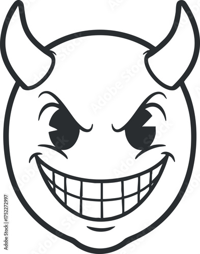 A playful cartoon devil face with grinning expression and prominent horns for fun designs.
