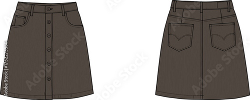 A‑line skirt, fashion flat sketch, technical drawing, apparel design, garment illustration, button front, curved pockets, patch pockets, belt loops, vector template
