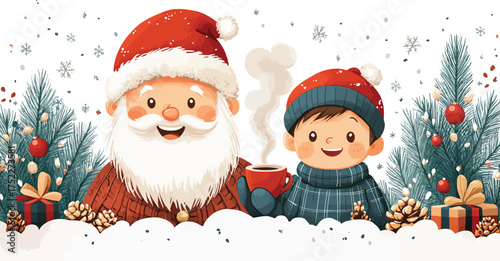 A festive Christmas scene with Santa Claus and his family, a little girl, and a snowy tree holding holiday gifts