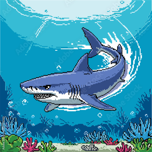 Shark above coral reef, pixel ocean background, bubbles rising, vibrant sea life, retro video game aesthetic vector