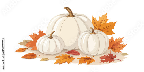 White pumpkins and autumn leaves arrangement