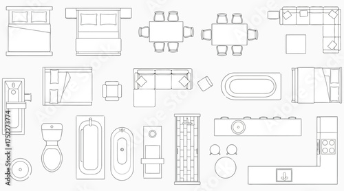 Vector art of overhead view of furniture arrangement for interior design, showcasing bed, table, chair, sofa, bathtub, toilet, door, and kitchen cabinet